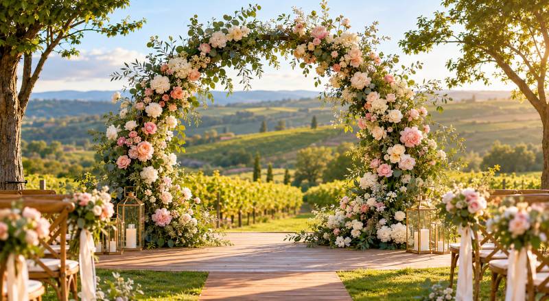 Création d’une arche florale pour un mariage dans le Beaujolais
