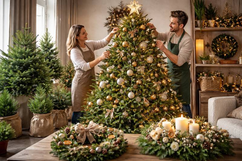 Installation de sapins de Noël à Arnas dans le Beaujolais