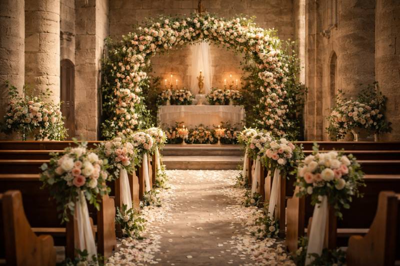 Décoration d’un église pour cérémonie de mariage dans le Beaujolais