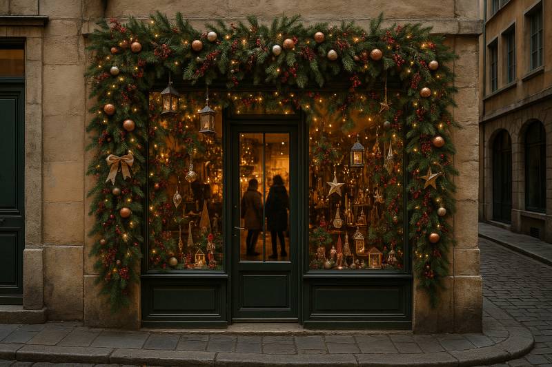 Décoration d'une vitrine de Noël dans un village vers Villefranche-sur-Saône