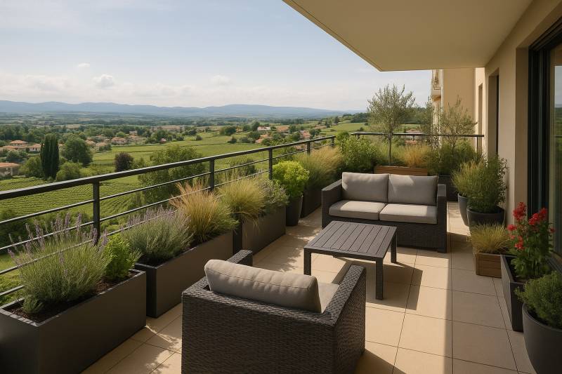 Terrasse végétalisée par notre fleuriste paysagiste à Arnas